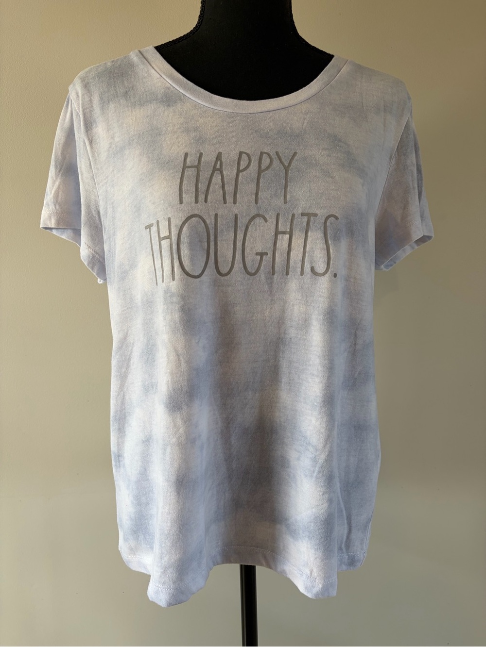 Women’s Rae Dunn Light Blue Tie-Dye Happy Thoughts Short Sleeve Tee size L